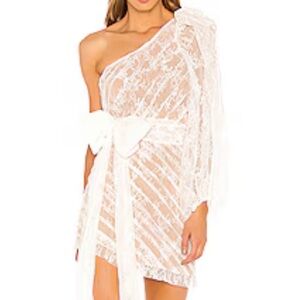 For Love & Lemons One-Shoulder White Lace Mini Dress with Bow